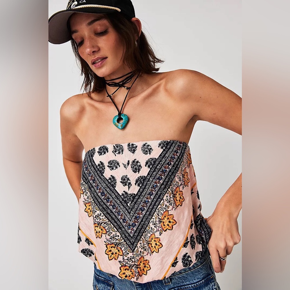 Free People Borderline Bandana Print Strapless Tube Top Silver Combo XS